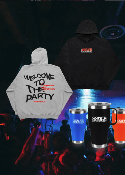 Custom Confessions Entertainment hoodies and tumblers merch flatlay