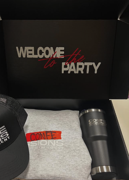 Confessions Entertainment welcome box with cap, tee and tumbler