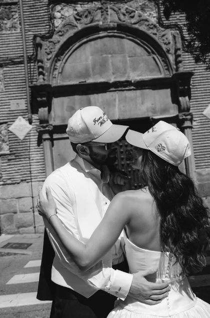 Madrid destination wedding custom caps, couple portrait